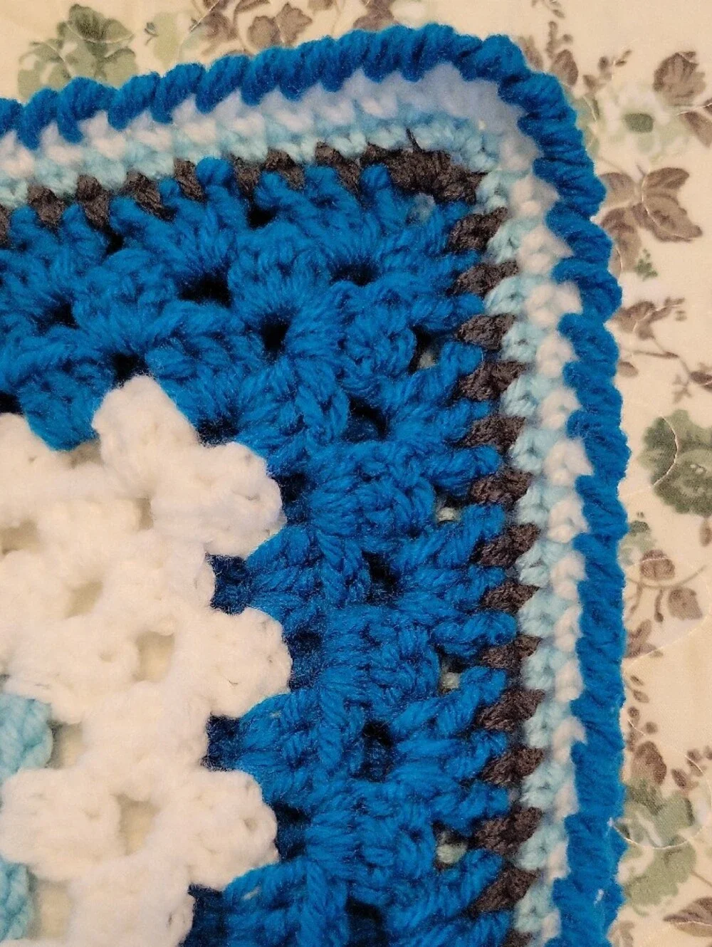 Hand Crafted Blue, Light Blue, White, and Gray Crochet Throw